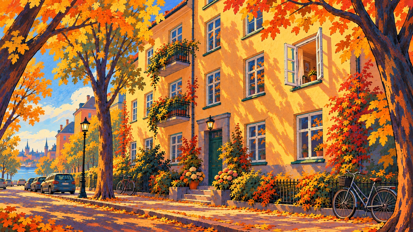 An autumn street outside a modest apartment building, with a first-floor kitchen window open.